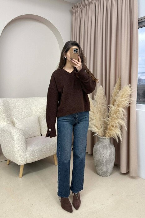 V NECK SLEEVE BUTTONS WOMEN SWEATER DARK BROWN/KAE - 1