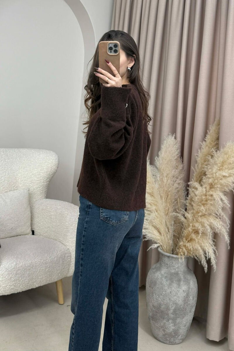 V NECK SLEEVE BUTTONS WOMEN SWEATER DARK BROWN/KAE - 3