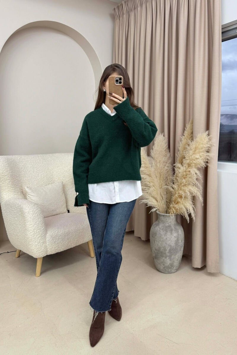 V NECK SLEEVE BUTTONS WOMEN SWEATER GREEN/JESHILE - 1