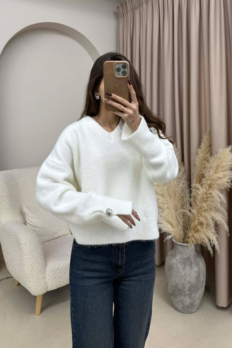V NECK SLEEVE BUTTONS WOMEN SWEATER WHITE-E BARDHE - 2