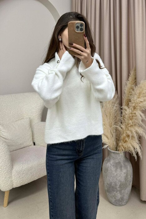 V NECK SLEEVE BUTTONS WOMEN SWEATER WHITE-E BARDHE - 3