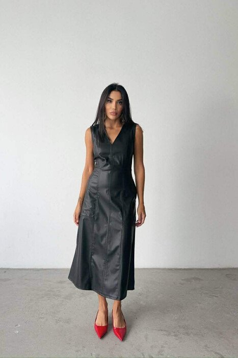 V NECK SLEEVELESS LONG LEATHER WOMEN DRESS BLACK/ E ZEZE - 2