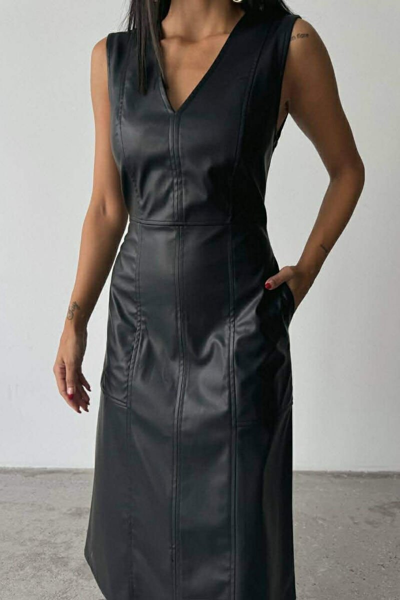 V NECK SLEEVELESS LONG LEATHER WOMEN DRESS BLACK/ E ZEZE - 1