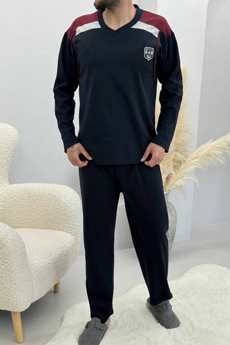 V NECK SMALL LOGO SWEATSHIRT+SWEATPANTS MEN PYJAMAS DARK BLUE/BEE - 1