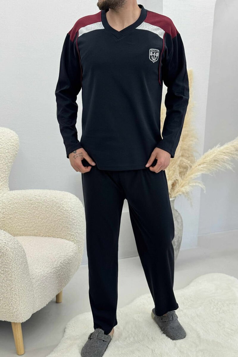 V NECK SMALL LOGO SWEATSHIRT+SWEATPANTS MEN PYJAMAS DARK BLUE/BEE - 1