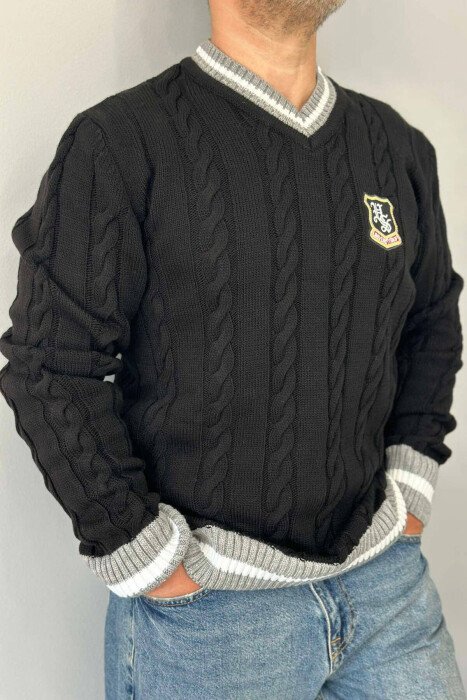 V NECK STAMP MEN SWEATER BLACK/ E ZEZE - KLAUDIO FASHION
