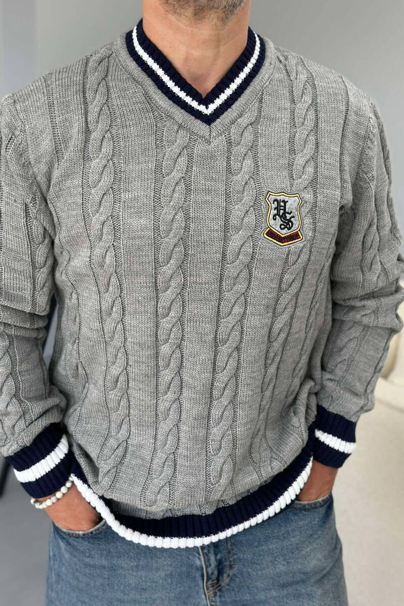 V NECK STAMP MEN SWEATER GREY-BLUE/ GRBL - 1