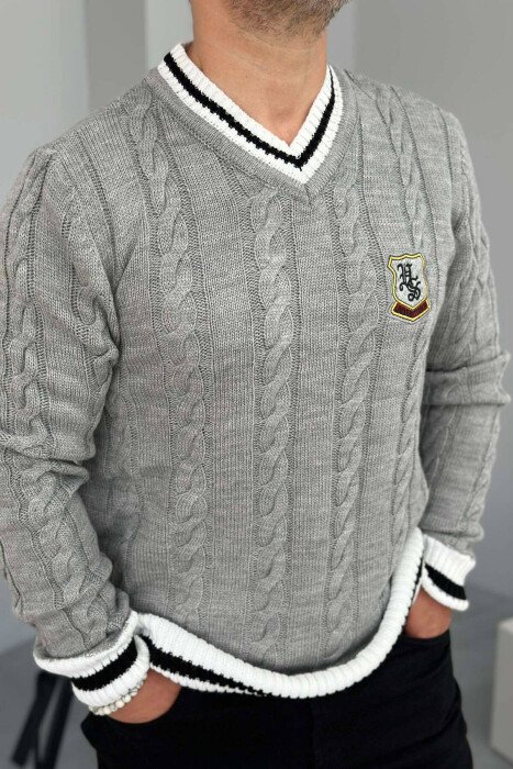 V NECK STAMP MEN SWEATER GREY-WHITE/GRBA - KLAUDIO FASHION