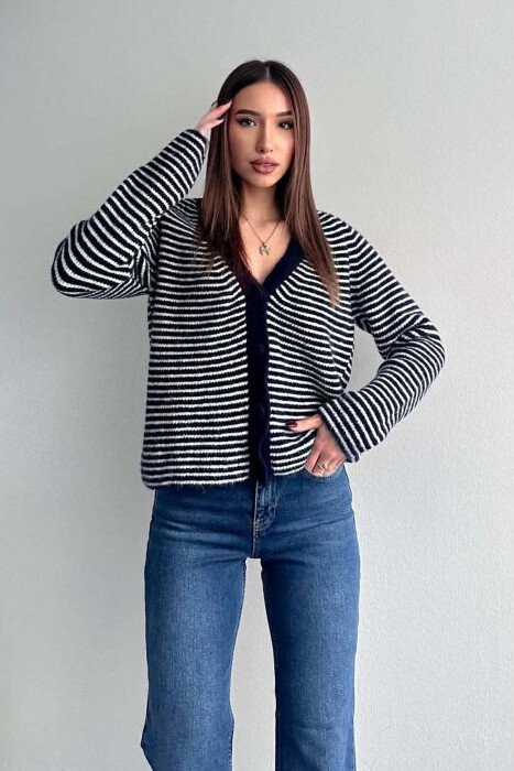V NECK STRIPE DETAIL WOMAN CARDIGAN BLUE/BLU - KLAUDIO FASHION
