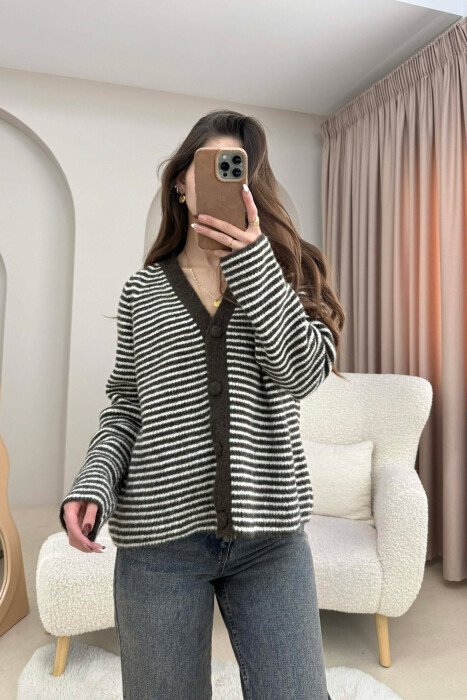V NECK STRIPE DETAIL WOMAN CARDIGAN BROWN/KAFE - 1