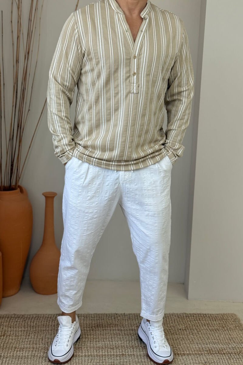V NECK STRIPED MEN SHIRT BEIGE/BEZHE - 1
