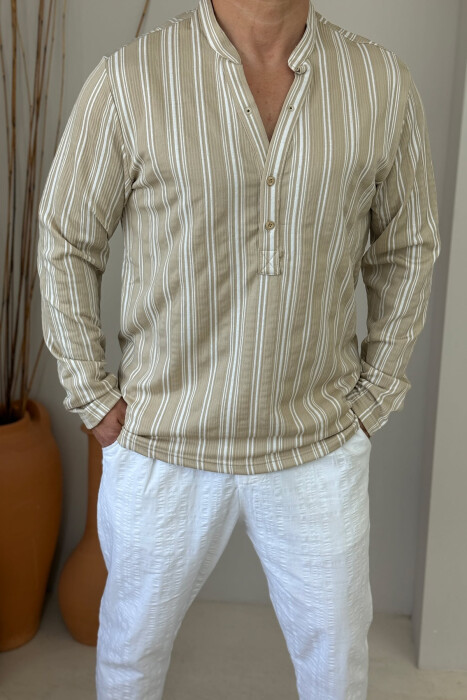 V NECK STRIPED MEN SHIRT BEIGE/BEZHE - 2