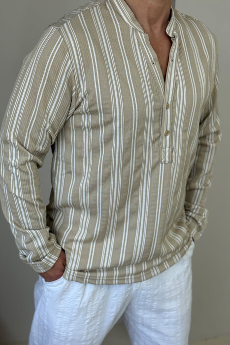 V NECK STRIPED MEN SHIRT BEIGE/BEZHE - 4