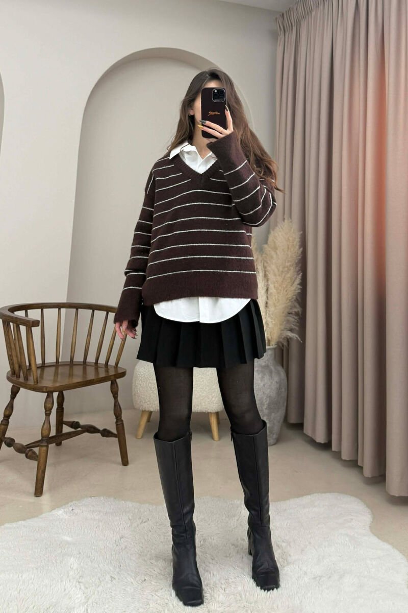 V NECK STRIPED WOMEN SWEATER DARK BROWN/KAE - 1