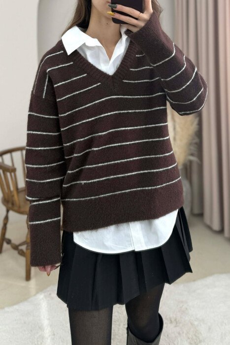 V NECK STRIPED WOMEN SWEATER DARK BROWN/KAE - 2
