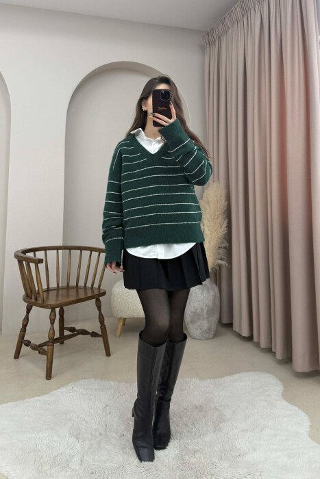 V NECK STRIPED WOMEN SWEATER DARK GREEN/JEE - 1