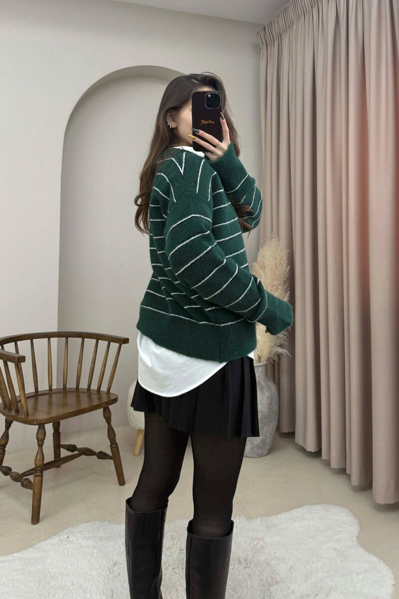 V NECK STRIPED WOMEN SWEATER DARK GREEN/JEE - 4