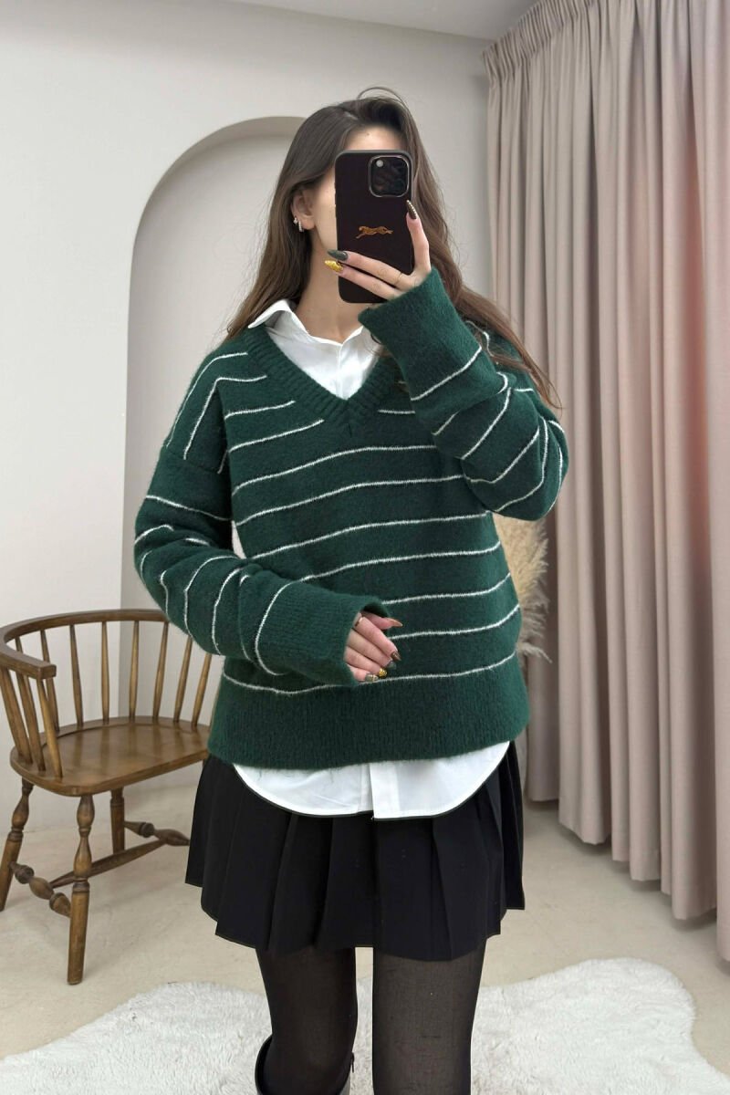 V NECK STRIPED WOMEN SWEATER DARK GREEN/JEE - 2