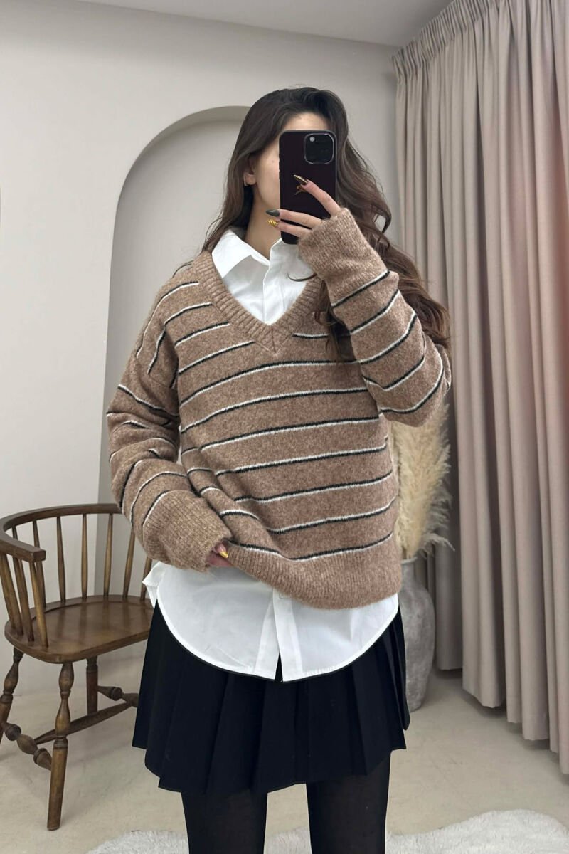 V NECK STRIPED WOMEN SWEATER LIGHT BROWN/KAZB - 3