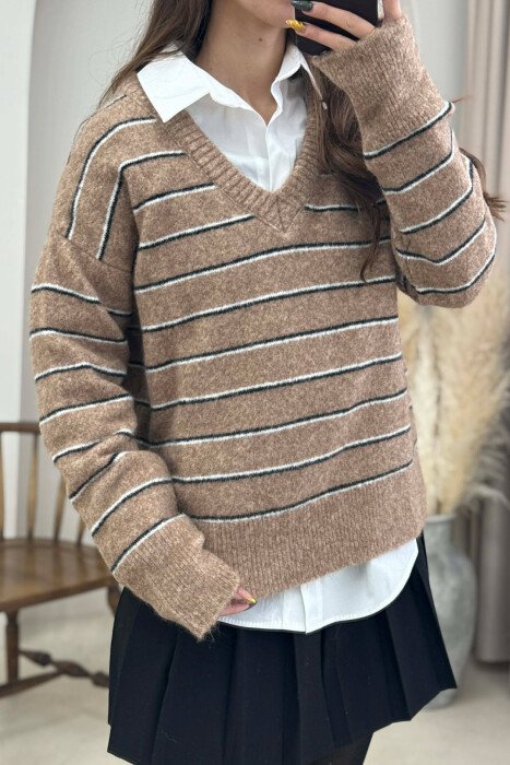 V NECK STRIPED WOMEN SWEATER LIGHT BROWN/KAZB - 2