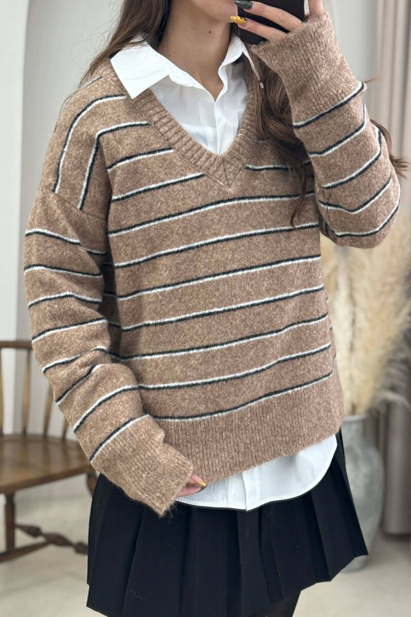 V NECK STRIPED WOMEN SWEATER LIGHT BROWN/KAZB - 2