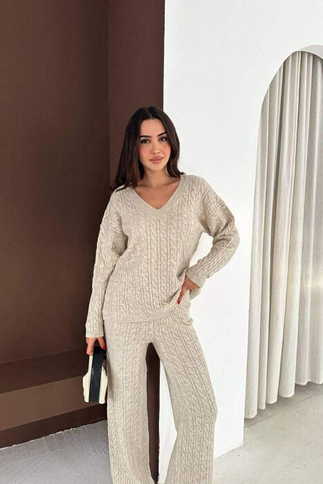 V NECK SWEATER+TROUSERS KNIT WOMEN SET BEIGE/BEZHE 
