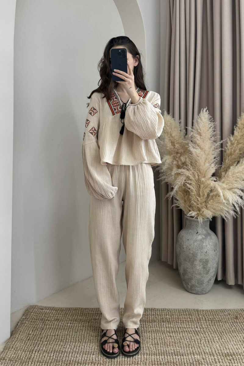 V NECK SWEATSHIRT+TROUSERS WOMEN SET BEIGE/BEZHE - 1