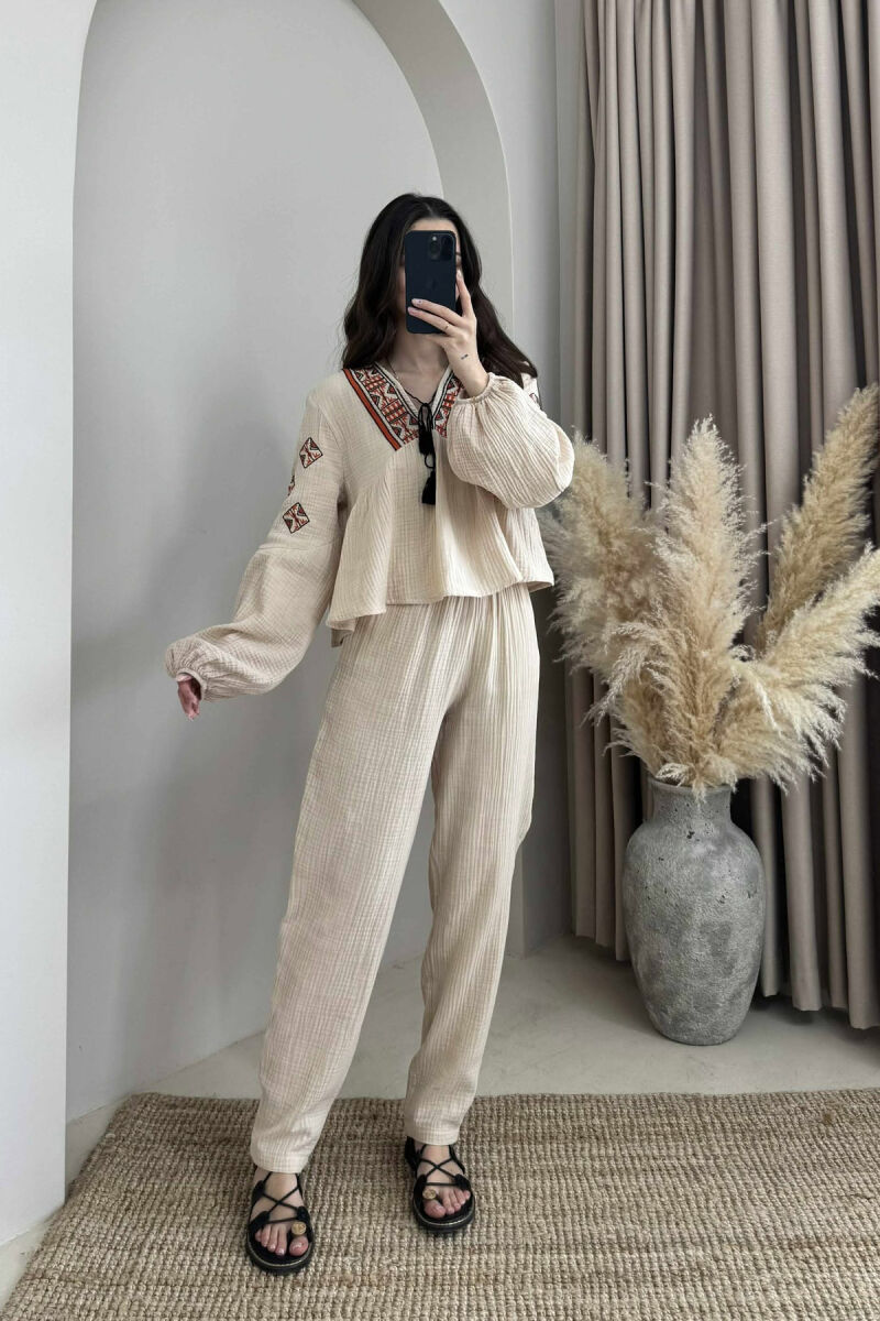 V NECK SWEATSHIRT+TROUSERS WOMEN SET BEIGE/BEZHE - 4