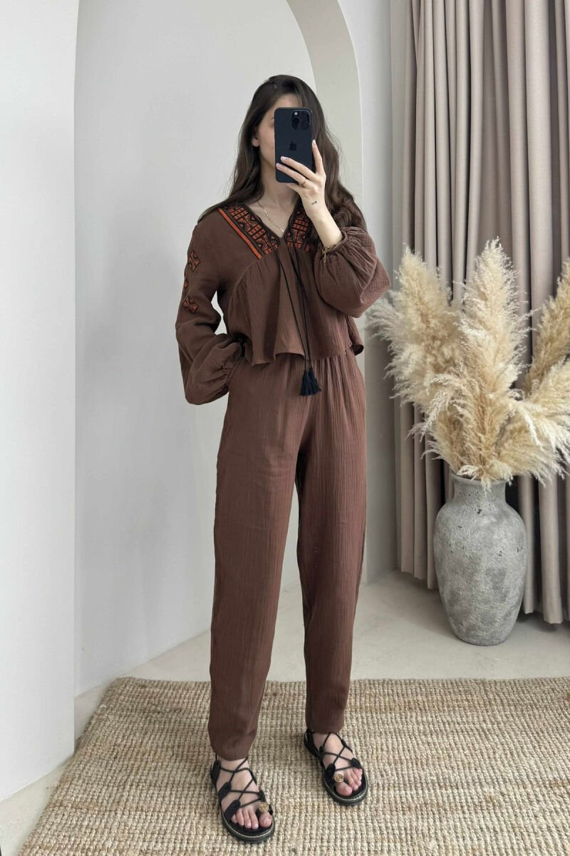 V NECK SWEATSHIRT+TROUSERS WOMEN SET BROWN/KAFE - 1