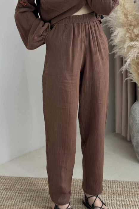 V NECK SWEATSHIRT+TROUSERS WOMEN SET BROWN/KAFE - 2
