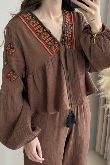 V NECK SWEATSHIRT+TROUSERS WOMEN SET BROWN/KAFE - 3