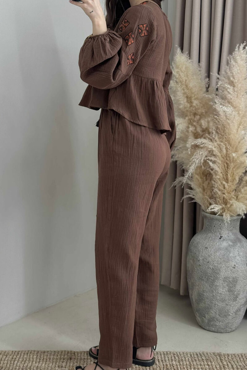 V NECK SWEATSHIRT+TROUSERS WOMEN SET BROWN/KAFE - 4