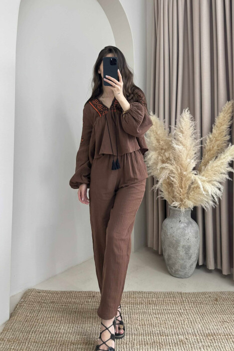 V NECK SWEATSHIRT+TROUSERS WOMEN SET BROWN/KAFE - 5