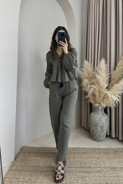 V NECK SWEATSHIRT+TROUSERS WOMEN SET GREEN/JESHILE - 5