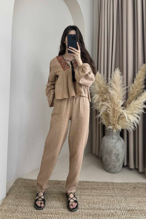 V NECK SWEATSHIRT+TROUSERS WOMEN SET LIGHT BROWN/KAZB 
