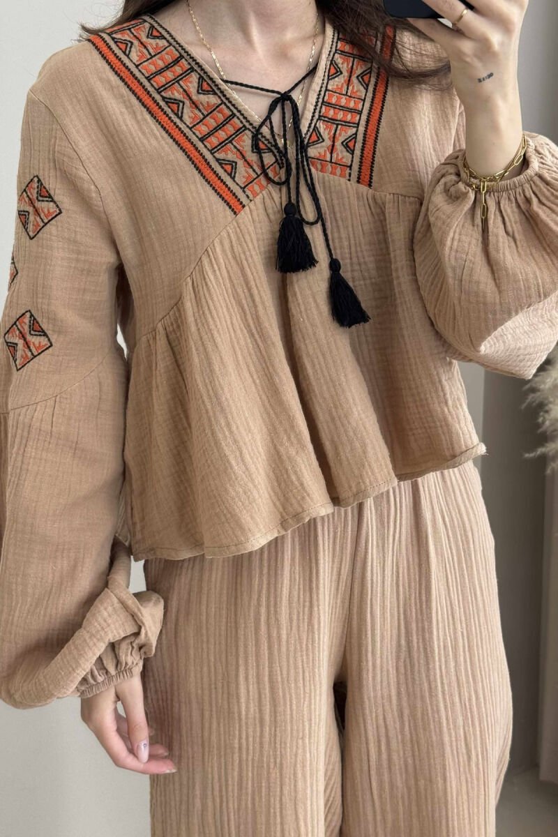 V NECK SWEATSHIRT+TROUSERS WOMEN SET LIGHT BROWN/KAZB - 2