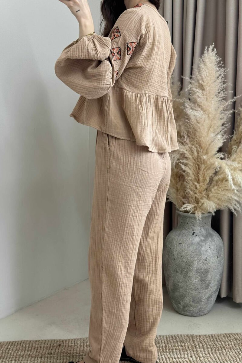 V NECK SWEATSHIRT+TROUSERS WOMEN SET LIGHT BROWN/KAZB - 3