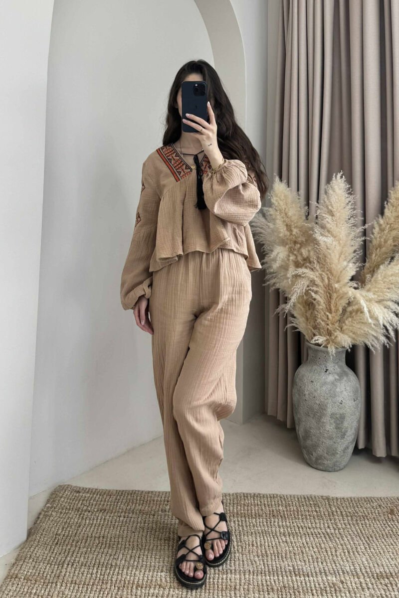 V NECK SWEATSHIRT+TROUSERS WOMEN SET LIGHT BROWN/KAZB - 5