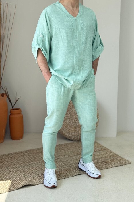 V NECK T-SHIRT+PANTS ONE COLOR MEN SET MINT/MENTE - KLAUDIO FASHION