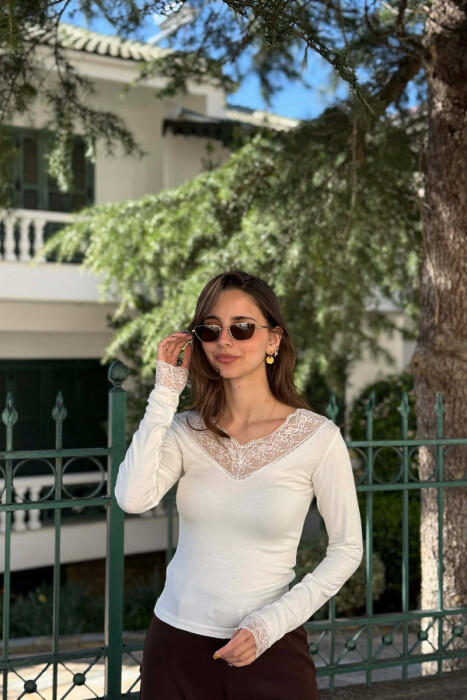 V NECK TULLE DETAIL WOMAN SWEATSHIRT WHITE-E BARDHE - 