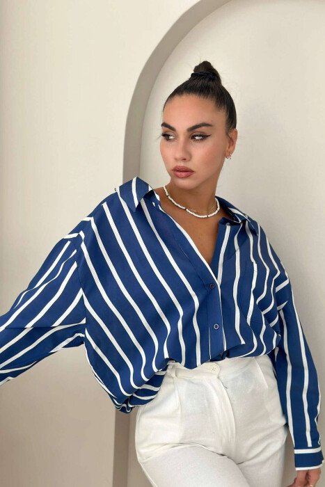 VERTICAL STRIPES WOMEN SHIRT BLUE/BLU - KLAUDIO FASHION