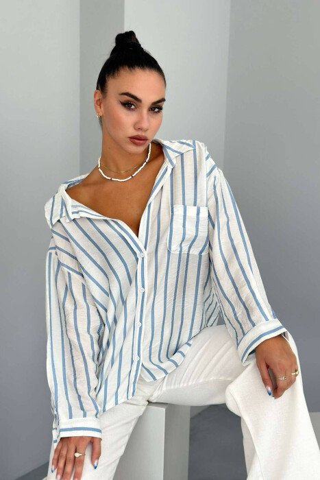 VERTICAL STRIPES WOMEN SHIRT LIGHTBLUE/BZ - KLAUDIO FASHION