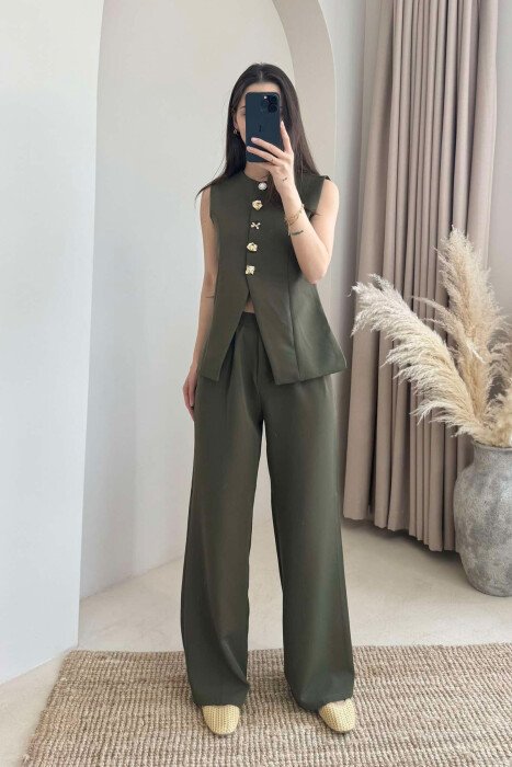 VEST+ WIDE LEG TROUSERS ONE COLOR WOMEN SET GREEN/JESHILE - KLAUDIO FASHION