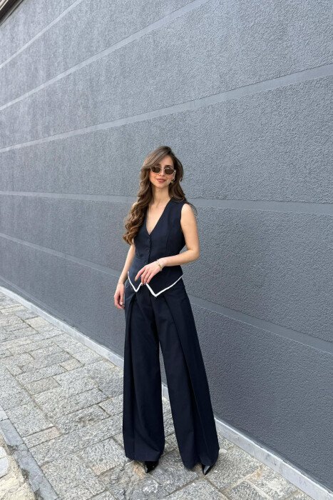 VEST + WIDE LEG TROUSERS WOMAN SET DARK BLUE/BEE - 1