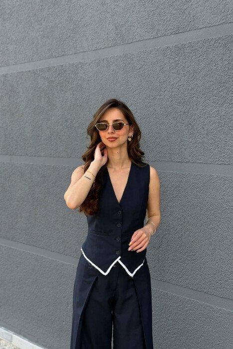VEST + WIDE LEG TROUSERS WOMAN SET DARK BLUE/BEE - 3