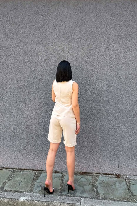VEST+SHORTS BUTTONS DETAIL WOMEN SET BEIGE/BEZHE - 4