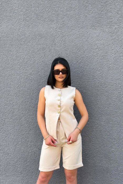 VEST+SHORTS BUTTONS DETAIL WOMEN SET BEIGE/BEZHE - 5