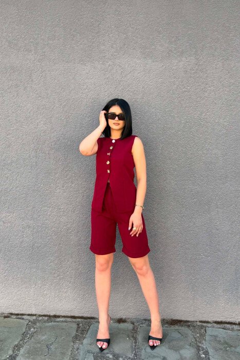 VEST+SHORTS BUTTONS DETAIL WOMEN SET BURGUNDY/VISHNJE - 4
