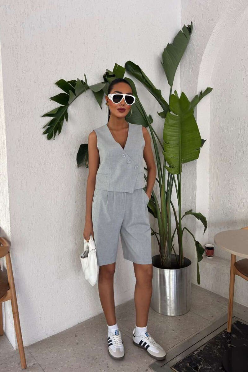 VEST+SHORTS BUTTONS ONE COLOR WOMEN SET LIGHT GREY/GZ - 1