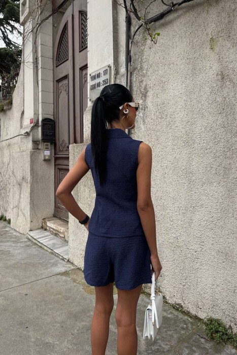 VEST+SHORTS ONE COLOR SIMPLE WOMEN SET DARK BLUE/BEE - 4